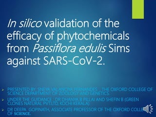 In silico validation of the
efficacy of phytochemicals
from Passiflora edulis Sims
against SARS-CoV-2.
 PRESENTED BY: SNEYA VALANCIYA FERNANDES , THE OXFORD COLLEGE OF
SCIENCE DEPARTMENT OF ZOOLOGY AND GENETICS.
 UNDER THE GUIDANCE : DR DHANYA B PILLAI AND SHEFIN B (GREEN
CLONES NATURAL PVT.LTD, KOCHI KERALA)
 DR DEEPA GOPINATH, ASSOCIATE PROFESSOR OF THE OXFORD COLLEGE
OF SCIENCE.
 