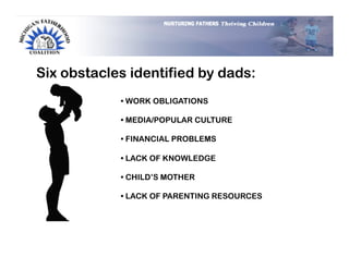 Six obstacles identified by dads:
            •  WORK OBLIGATIONS

            •  MEDIA/POPULAR CULTURE

            •  FINANCIAL PROBLEMS

            •  LACK OF KNOWLEDGE

            •  CHILD’S MOTHER

            •  LACK OF PARENTING RESOURCES
 