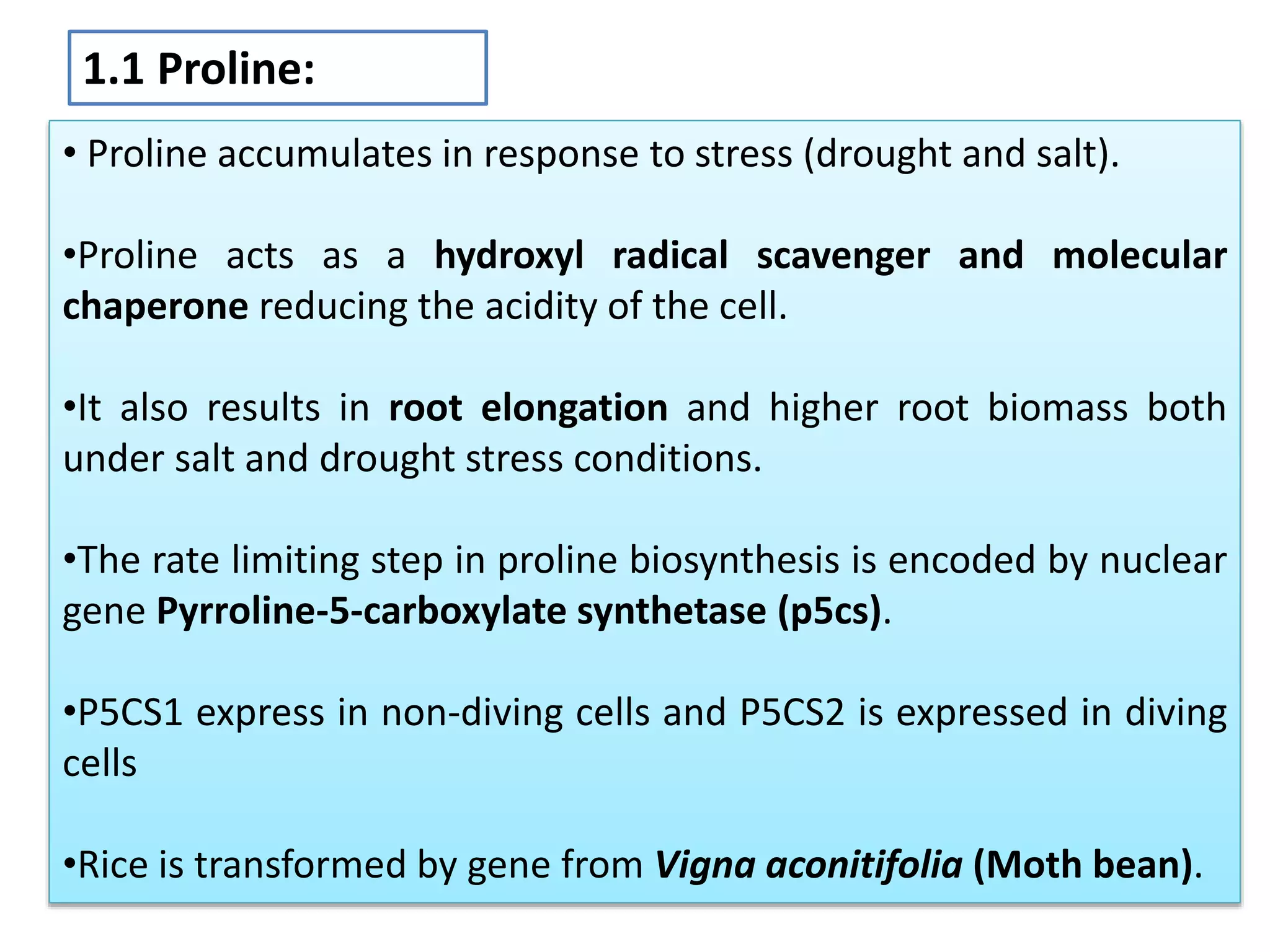 1.1 Proline:
• Proline accumulates in response to stress (drought and salt).
•Proline acts as a hydroxyl radical scavenger and molecular
chaperone reducing the acidity of the cell.
•It also results in root elongation and higher root biomass both
under salt and drought stress conditions.
•The rate limiting step in proline biosynthesis is encoded by nuclear
gene Pyrroline-5-carboxylate synthetase (p5cs).
•P5CS1 express in non-diving cells and P5CS2 is expressed in diving
cells
•Rice is transformed by gene from Vigna aconitifolia (Moth bean).
 
