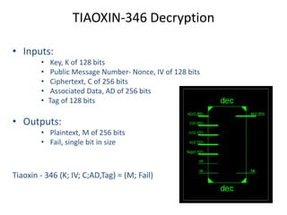 TIAOXIN-346 Decryption
• Inputs:
• Key, K of 128 bits
• Public Message Number- Nonce, IV of 128 bits
• Ciphertext, C of 256 bits
• Associated Data, AD of 256 bits
• Tag of 128 bits
• Outputs:
• Plaintext, M of 256 bits
• Fail, single bit in size
Tiaoxin - 346 (K; IV; C;AD,Tag) = (M; Fail)
 