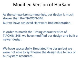Modified Version of HarSam
As the comparison summarizes, our design is much
slower than the TIAOXIN-346.
But we have achieved Hardware Implementation.
In order to match the Timing characteristics of
TIAOXIN-346, we have modified our design and built a
newer design.
We have successfully Simulated the design but we
were not able to Synthesize the design due to lack of
our System resources.
 
