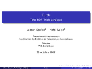 Turtle
Terse RDF Triple Language
Jabeur. Souﬁen1 Nafti. Najeh2
1D´epartement d’Informatique
Mod´elisation des Syst`emes de Raisonnement Automatiques
2Mati`ere
Web S´emantique
26 octobre 2017
Jabeur. Souﬁen, Nafti. Najeh (FSM) Turtle 26 octobre 2017 1 / 34
 