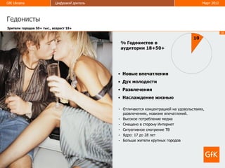 GfK Ukraine                Цифровой зритель                                              Март 2012



Гедонисты
Зрители городов 50+ тыс., возраст 18+
                                                                                                     18




                                              • Новые впечатления
                                              • Дух молодости
                                              • Развлечения
                                              • Наслаждение жизнью

                                              - Отличаются концентрацией на удовольствиях,
                                                развлечениях, новизне впечатлений.
                                              - Высокое потребление медиа
                                              - Смещено в сторону Интернет
                                              - Ситуативное смотрение ТВ
                                              - Ядро: 17 до 28 лет
                                              - Больше жители крупных городов
 