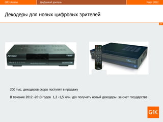 GfK Ukraine            Цифровой зритель                                                    Март 2012




Декодеры для новых цифровых зрителей
                                                                                                       24




    200 тыс. декодеров скоро поступят в продажу

    В течение 2012 -2013 годов 1,2 -1,5 млн. д/х получать новый декодеры за счет государства
 