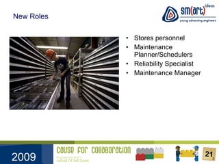 New Roles Stores personnel  Maintenance Planner/Schedulers Reliability Specialist Maintenance Manager 