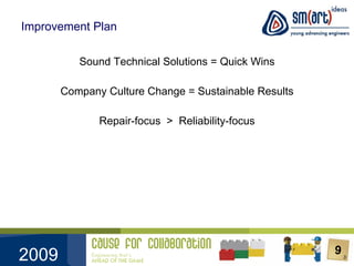 Improvement Plan Sound Technical Solutions = Quick Wins Company Culture Change = Sustainable Results Repair-focus  >  Reliability-focus 