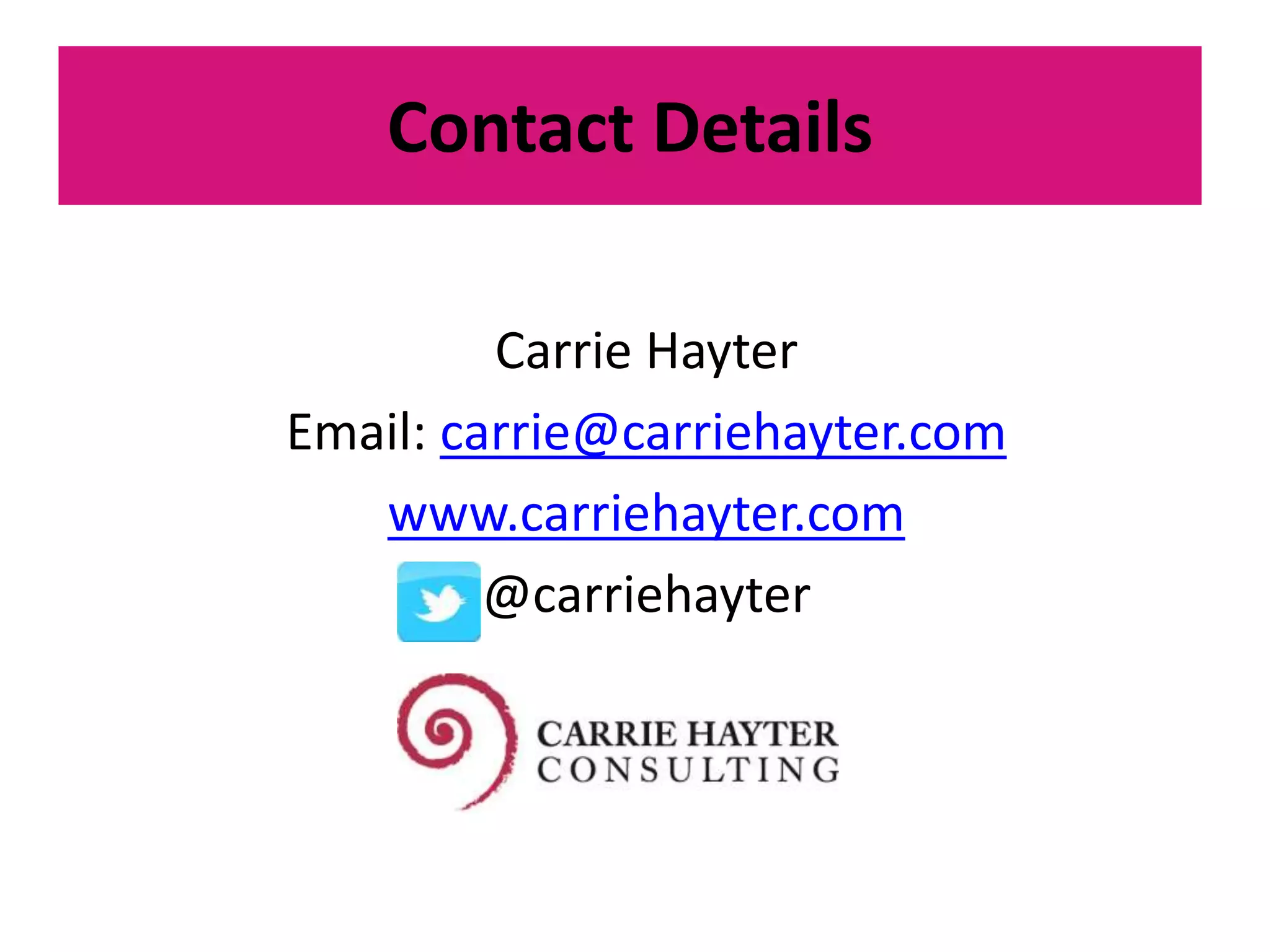 Contact Details
Carrie Hayter
Email: carrie@carriehayter.com
www.carriehayter.com
@carriehayter
 