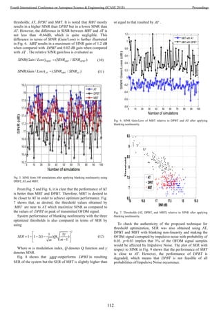 thresholds; AT, DPBT and MBT. It is noted that MBT mostly
results in a higher SINR than DPBT but in a lower SINR than
AT. However, the difference in SINR between MBT and AT is
not less than -0.64dB, which is quite negligible. This
difference in terms of SINR (Gain/Loss) is further illustrated
in Fig. 6. MBT results in a maximum of SINR gain of 1.2 dB
when compared with DPBT and 0.02 dB gain when compared
with AT . The relative SINR gain/loss is evaluated as
( / ) ( / )DPBT MBT DPBTSINR Gain Loss SINR SINR (10)
( / ) ( / )AT MBT ATSINR Gain Loss SINR SINR (11)
Fig. 5. SINR from 100 simulations after applying blanking nonlinearity using
DPBT, AT and MBT.
From Fig. 5 and Fig. 6, it is clear that the performance of AT
is better than MBT and DPBT. Therefore, MBT is desired to
be closer to AT in order to achieve optimum performance. Fig.
7 shows that, as desired, the threshold values obtained by
MBT are near to AT which maximize SINR as compared to
the values of DPBT or peak of transmitted OFDM signal.
System performance of blanking nonlinearity with the three
optimized thresholds is also compared in terms of SER by
using
2
1 3
1 1 2(1 ) ( )
1
SER Q
mm
 
    
 
(12)
Where m is modulation index, Q denotes Q function and γ
denotes SINR.
Fig. 8 shows that MBT outperforms DPBT in resulting
SER of the system but the SER of MBT is slightly higher than
or equal to that resulted by AT .
0 10 20 30 40 50 60 70 80 90 100
-0.8
-0.6
-0.4
-0.2
0
0.2
0.4
0.6
0.8
1
1.2
Number of simulations
SINRGain/Loss(dB)
MBT with AT
MBT with DPBT
Fig. 6. SINR Gain/Loss of MBT relative to DPBT and AT after applying
blanking nonlinearity.
16 16.5 17 17.5 18 18.5
6.5
7
7.5
8
8.5
9
9.5
SINR(dB)
Threshold
AT
DPBT
MBT
Fig. 7. Thresholds (AT, DPBT, and MBT) relative to SINR after applying
blanking nonlinearity.
To check the authenticity of the proposed technique for
threshold optimization, SER was also obtained using AT,
DPBT and MBT with blanking non-linearity and making the
OFDM signal corrupted by impulsive noise with probability of
0.03. p=0.03 implies that 3% of the OFDM signal samples
would be affected by Impulsive Noise. The plot of SER with
respect to SINR in Fig. 9 shows that the performance of MBT
is close to AT. However, the performance of DPBT is
degraded, which means that DPBT is not feasible of all
probabilities of Impulsive Noise occurrence.
112
Fourth International Conference on Aerospace Science & Engineering (ICASE 2015) Proceedings
 