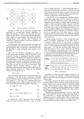 Learning of ANN can be performed through either
supervised or un-supervised learning algorithms. In
supervised learning, an output is provided with each input
during training while in unsupervised learning algorithms,
target outputs are not provided with input data during
training. Hence ANNs perform data compression or
clustering to categorize patterns of the same attributes into
same output clusters [16].
In feed-forward ANNs, most commonly used supervised
learning algorithms may include delta rule, perceptron and
back-propagation (BP). For learning a feed-forward ANN,
BP algorithm is most commonly used amongst entire
algorithms.
Delta rule and perceptron algorithms are useful to
resolve merely linear problems, while BP algorithm is able
to provide learning in complicated non-linear problems.
During training, in BP based ANN, signals are transferred in
forward direction i.e. from input to OL. Error between actual
and target output in the OL is calculated in each pass. In BP,
learning process includes forward-pass and backward-pass.
Input data is moved from IL to OL in forward-pass. Most
commonly sigmoid activation function is used in BP
algorithms to generate results from each HL and OL node by
using following equation (4). Output of this sigmoid
function lies between “0” and “1”
( ) (4)
Error (E) between target output (T) and actual output (O)
is calculated at the end of each forward-pass. Gradient
descent technique is used to reduce this error ‘E’ between Oi
with respect to Ti. The value of E, gradient descent and
required changes in the weights of each connection values
are computed through following equations respectively.
∑ ( ) (5)
(6)
( ) (7)
(8)
In equation (6), ‘GrD’ represents value of gradient
descent, its value concludes that either to raise or reduce
value of weights and biases. ‘ ’ denotes momentum and ‘ ’
represents the learning rate. In equation (7) and (8), and
represents the desired change in weights associated with
hidden-to-output layers or input-to-hidden layer connections
and biases respectively in the backward-pass.
In our DFAD, we used multiple layer perceptron (MLP)
having three inputs nodes in the IL, because we aimed to
check the MG after each five seconds. Each input value
represents received number of packets. After trying different
number of nodes and different number of layers in the HL,
finally we got our results with higher detection rates and
lower false rates, using one HL having four nodes in it. As
we are interested to distribute the incoming flows at MG into
three different categories therefore we used three nodes in
the OL to generate one of the desire output i.e. [1,0,0],
[0,1,0], [0,0,1] to represent normal, low distributed flooding
(LDFA) attack and sever distributed flooding attack (HDFA)
flows respectively.
During training of DFAD, a vector of eight (08) input
values is provided. Arrangement of the input vector is
[4,3,7,0,0,1], where [4,3,7] are the amount of packets
received in each second and the remaining values of the input
vector i.e. [0,0,1] represents the target output for the given
input values. We used three different target outputs with
each input vectors i.e. [0, 0, 1], [0, 1, 0] and [1, 0, 0], Where
[0, 0, 1] is imagined as normal flows, [0, 1, 0] is considered
to be an intermediate distributed flooding attack and [1, 0, 0]
is expected to be a high distributed flooding attack flows. A
minute detail of training dataset is given in the Table.1.
Input
Vectors
4, 3, 7, 0, 0, 1, 31, 34, 36, 0, 1, 0, 42, 51, 65,
1, 0, 0, 4, 6, 12, 0, 0, 1, 33, 26, 22, 0, 1, 0,
46, 54, 57,1, 0, 0, 16, 6, 17 0, 0, 1, 37, 35,
46, 0, 1, 0, 54, 58, 56, 1, 0, 0,……..…..
Weights
and
Biases
0.11, 0.21, 0.13, 0.14, 0.25, 0.36, 0.17, 0.8,
0.19,-3.0, -4.0, -2.0, 1.6, 1.8, 1.3, 1.6, 1.2,
1.1, 1.7, 2.1,2.3,-2.3, -7.0, -5.0
Assortment of values for initial weights and biases is an
actually very tough job. Numbers of forward and backward
passes to generate the desired outputs from the network depend
on these values.
In training, maximum 100 epochs are used with each input
vector to minimize the error between target output and actual
output. Dataset used to train the network, is consisted of 5000
of input vectors, having all three types of flows, mentioned
above. After completion of training, updated values of weights
and biases are used by DFAD to distribute the input vectors in
desired category in testing phase.
Algorithm of proposed mechanism is given in Fig.4. and
Fig.5. Main difference between training and testing phase is
that, both passes i.e. forward and backward passes of BP
algorithms are used in training phase while in testing phase
only forward-pass is used. Moreover, in testing phase input
vector is entered in the system without target output values.
Inputs
IL HL OL
Table.1. Training dataset
Fig.3. Feed-forward artificial neural network
122
Fourth International Conference on Aerospace Science & Engineering (ICASE 2015) Proceedings
 