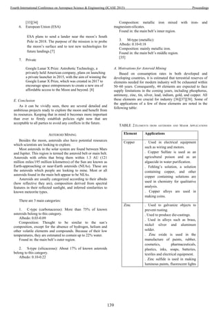 [33][34]
6. European Union (ESA)
ESA plans to send a lander near the moon’s South
Pole in 2018. The purpose of the mission is to probe
the moon’s surface and to test new technologies for
future landings.[7]
7. Private
Google Lunar X Prize: Astrobotic Technology, a
privately held American company, plans on launching
a private launcher in 2015, with the aim of winning the
Google Lunar X Prize, which was created in 2017 to
encourage space entrepreneurs to create a new era of
affordable access to the Moon and beyond. [8]
E. Conclusion
As it can be vividly seen, there are several detailed and
ambitious projects ready to explore the moon and benefit from
its resources. Keeping that in mind it becomes more important
than ever to firmly establish policies right now that are
acceptable to all parties to avoid any conflicts in the future.
ASTEROID MINING
Besides the moon, asteroids also have potential resources
which scientists are looking to explore.
Most asteroids in the solar system are found between Mars
and Jupiter. This region is termed the asteroid belt or main belt.
Asteroids with orbits that bring them within 1.3 AU (121
million miles/195 million kilometres) of the Sun are known as
Earth-approaching or near-Earth asteroids (NEAs). These are
the asteroids which people are looking to mine. Most or all
asteroids found in the main belt appear to be NEAs.
Asteroids are usually categorized according to their albedo
(how reflective they are), composition derived from spectral
features in their reflected sunlight, and inferred similarities to
known meteorite types.
There are 3 main categories:
1. C-type (carbonaceous): More than 75% of known
asteroids belong to this category.
Albedo: 0.03-0.09
Composition: Thought to be similar to the sun’s
composition, except for the absence of hydrogen, helium and
other volatile elements and compounds. Because of their low
temperatures, they are estimated to contain up to 22% water.
Found in: the main belt’s outer region.
2. S-type (silicaceous): About 17% of known asteroids
belong to this category.
Albedo: 0.10-0.22
Composition: metallic iron mixed with iron- and
magnesium-silicates.
Found in: the main belt’s inner region.
3. M-type (metallic):
Albedo: 0.10-0.18
Composition: mainly metallic iron.
Found in: the main belt’s middle region.
[35]
A. Motivations for Asteroid Mining
Based on consumption rates in both developed and
developing countries, it is estimated that terrestrial reserves of
elements needed for modern industry will be exhausted within
50–60 years. Consequently, 44 elements are expected to face
supply limitations in the coming years, including phosphorus,
antimony, zinc, tin, silver, lead, indium, gold, and copper. All
these elements are crucial for industry [36][37][38]. Some of
the applications of a few of these elements are noted in the
following table:
TABLE 2.ELEMENTS FROM ASTEROIDS AND MAJOR APPLICATIONS
Element Applications
Copper . Used in electrical equipment
such as wiring and motors.
. Copper Sulfate is used as an
agricultural poison and as an
algaecide in water purification.
. Fehling’s solution, a solution
containing copper, and other
copper containing solutions are
used in chemistry for qualitative
analysis.
. Copper alloys are used in
making coins.
Zinc . Used to galvanize objects to
prevent rusting.
. Used to produce die-castings.
. Used in alloys such as brass,
nickel silver and aluminum
solder.
. Zinc oxide is used in the
manufacture of paints, rubber,
cosmetics, pharmaceuticals,
plastics, inks, soaps, batteries,
textiles and electrical equipment.
. Zinc sulfide is used in making
luminous paints, fluorescent lights
139
Fourth International Conference on Aerospace Science & Engineering (ICASE 2015) Proceedings
 