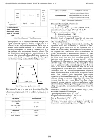 Warm
up (10
min)
5-15 1000-1400
165-
230
second
value is
by
adding
40%
margin.
Requiring voltage
regulator block
CW79L05 CW7812
Whether the negative
voltage is first out when
switch ON and negative
voltage last when switch
OFF
Yes
Table.1 Output Current and Voltage Requirements
The equipment will be commanded ON/OFF through pulse
signal. Command signal is a positive voltage pulse. It is
necessary to take anti-interference measures for the input to
perform remote control command. The TC circuits will not
operate when supplied with a pulse of 100µs duration, up to
5V amplitude and a repetition rate of one per 13 msec. The
TC circuit cannot operate correctly when subjected to the
nominal pulse with one break period of 1µsec which occur
at any time during the TC pulse period. The signal
waveform and timing are described in the figure below.
Figure.1 Telecomand signal waveform profile
The values of tr and tf be equal to or lower than 50µs. The
telecommand requirements of the C-band receiver are given in
the table below:
Parameters Requirements
Pulse Voltage-True
State
10V ~ 12V
Pulse Voltage-False
State
0 ~ 0.2V
Pulse Duration 100±2ms
Maximum current < 1.2mA
Input Impedance ≥10KΩ
Conducted Susceptibility 12V/100 µs pulse width/10Hz
Conducted Emission
Appropriate suppress switching transient
due to inductive load which may cause the
driving source capabilities to be exceeded
Table. 2 Telecommand Requirements
The Digital Telemetry (BL) features are:
1) Output Voltage
High state corresponding to logic "1" level: 10.0V~12.0V
Low state corresponds to logic "0" level：0V~0.2V
Exceptions conditions do not exceed 0~+15V。
2) Output impedance：≤5kΩ
3) Output short circuit protection
The short circuit of output and ground do not cause any
permanent damage and also do not affect the performance of
other parts of equipment.
With the interconnecting harness(es) disconnected, the
equipment should have a minimum DC resistance of 1MΩ
between the power input leads and the equipment case. It
should also have secondary power supply circuits connected to
the equipment case. These circuits should be isolated from the
primary power circuits by a minimum DC resistance of 1MΩ.
The equipment should have the command return isolated from
the power return and also from secondary ground. The
equipment must continue to operate normally without
degradation with either a short or open circuit on one or all of
telemetry output lines and must not be damaged by either
short or open circuit on the command or power lines. To avoid
failure, a fuse must be used to protect the main bus. The over
current protection circuit (fuse) must start/be used when bus
current goes up to 2A. Current consumption of the equipment
should be limited to twice the maximum steady state current
within 5ms. Receiver must incorporate under-voltage
protection circuitry that will automatically turn off the receiver
when the primary power input voltage falls below 85V. The
response time does not exceed 20ms.When bus voltage
reaches the nominal value, the equipment can be turned on by
telecommand only. The design of the equipment is done while
taking into account the consideration of the ground storage for
two years.
Failure Rate < 400 Fits @500
C for the lifetime being 15 years.
The temperature should be as follows:
Operating temperature range：-50
C～500
C
Acceptance temperature range：-100
C～550
C
Start-up Temperature: -150
C～+650
C.
Equipment boot inrush current requirements for design and
test (without evaluation) are shown in the figure below. Idc is a
maximum constant current under normal conditions.
161
Fourth International Conference on Aerospace Science & Engineering (ICASE 2015) Proceedings
 
