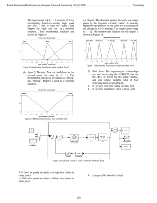 The input range is [-1, 1]. It consists of three
membership functions namely high, good
and low. Trimf is used for ‘good’, and
Trapmf for ‘high’ and ‘low’ as a nominal
function. These membership functions are
shown in Figure.9.
Figure.9 Membership function for input variable ‘level’
(b) Input 2: The rate (flow rate) is defined as the
second input. Its range is [-1, 1]. The
membership functions are named as ‘rising’
and ‘falling’. Trapmf is used as a nominal
function.
Figure.10 Membership function input variable ‘rate’
(c) Output: The designed system has only one output
given by the linguistic variable ‘valve’. It basically
represents the position of the valve by accounting for
the change in valve opening. The output space range
is [-1 1]. The membership function for the output is
shown in Figure.11.
Figure.11 Membership function for output variable ‘valve’
2) Rule Base: The input-output relationships
are used to develop the IF-THEN rules for
the FIS [10]. From the two input variables
and one output variable total of four
following rules are developed.
1. If (level is low) then (valve is open_fast)
2. If (level is high) then (valve is close_fast)
Figure.12 Simulink Model of Fuzzy Controller of Water Tank
3. If (level is good) and (rate is rising) then (valve is
close_slow)
4. If (level is good) and (rate is falling) then (valve is
open_slow)
B. Design of the Simulink Model
179
Fourth International Conference on Aerospace Science & Engineering (ICASE 2015) Proceedings
 