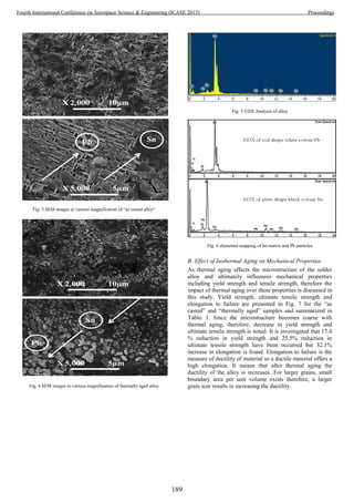 Fig. 3 SEM images at various magnification of “as casted alloy”
Fig. 4 SEM images at various magnification of thermally aged alloy
Fig. 5 EDX Analysis of alloy
Fig. 6 elemental mapping of Sn matrix and Pb particles
B. Effect of Isothermal Aging on Mechanical Properties
As thermal aging affects the microstructure of the solder
alloy and ultimately influences mechanical properties
including yield strength and tensile strength, therefore the
impact of thermal aging over these properties is discussed in
this study. Yield strength, ultimate tensile strength and
elongation to failure are presented in Fig. 7 for the “as
casted” and “thermally aged” samples and summarized in
Table. I. Since the microstructure becomes coarse with
thermal aging, therefore, decrease in yield strength and
ultimate tensile strength is noted. It is investigated that 17.4
% reduction in yield strength and 25.5% reduction in
ultimate tensile strength have been occurred but 32.1%
increase in elongation is found. Elongation to failure is the
measure of ductility of material so a ductile material offers a
high elongation. It means that after thermal aging the
ductility of the alloy is increases. For larger grains, small
boundary area per unit volume exists therefore, a larger
grain size results in increasing the ductility.
189
Fourth International Conference on Aerospace Science & Engineering (ICASE 2015) Proceedings
 
