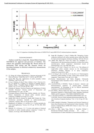 Fig. 10. Comparison of shielding effectiveness of f-MWCNTs/CF and p-MWCNTs/CF reinforced polymer composite.
ACKNOWLEDGMENT
Authors would like to thank Mr. Ahmed Bilal (Chairman,
SUPARCO) for approval and provision of facilities. The
authors also gratefully acknowledge Mr. Wasim Nawaz for
performing EMI testing and Ms Noureen Owais for
providing assistance in electrical conductivity measurements
of the samples.
REFERENCES
[1] Z.L. Wang, W. H. Manu and Dechang Li, “Structure and growth of CNT
films by Pyrolysis,” Cheml Phys Lett, V. 316(5,6) , pp-349, 2000.
[2] Ajayan PM, Zhou OZ, “Applications of carbon nanotubes. Carbon
Nanotubes,”. pp.391-425, 200.
[3] R. Lee, P. Nikolaev, H. Dai, P. Petit, J. Robert, C. Xu, Y. Hee Lee, S. G.
Ki, A. G. Rinzler, D. T. Colbert, G. E. Scuseria, D. Tomanek, and R, E.
Smalley, Thesis, “Crystalline Ropes of Mettaic Carbon Nanotubes,”
Science Vol. 273. No. 5274, pp. 483-487, 1996.
[4] Prabhakar R, Bandaru “Electrical Properties and Applications of Carbon
Nanotube Structures,” Reviews journal of Nanoscience and
Nanotechnology Vol.7, pp.1–29, 2007.
[5] Christopher Kingston, Richard Zepp, Anthony Andrady, et al. “Review-
Release characteristics of selected carbon nanotube polymer
composites,”CARBON Vol. 68 pp.33–57, 2014.
[6] Sandler JKW, Kirk JE, Kinloch IA, Shaffer MSP, Windle AH, “Ultra-
lowelectrical percolation threshold in carbon-nanotube-epoxy
composites.” Polymer, 2003, Vol. 44, pp.5893-9, 2003.
[7] Baughman R. H, Zakhidov A. A, de Heer, W. A, “Carbon nanotubes-the
route toward applications,” Science, Vol. 297, pp. 787-792, 2002. ISSN
0036-8075
[8] Bauhofer, W., & Kovacs, J. Z, “A review and analysis of electrical
percolation in carbon nanotube polymer composites,” Compos. Sci.
Technol., Vol. 69, pp. 1486-1498,ISSN 0266- 3538
[9] Singh BP, Choudhary V, Saini P, Mathur RB, “Designing of epoxy
composites reinforced with carbon nanotubes grown carbon fiber fabric
for improved electromagnetic interference shielding,” AIP Adv 2012;2:6
[10] Mathur RB, Singh B.P, Tiwari P.K, Gupta T.K, Choudhary V “
Enhancement in the thermomechanical properties of carbon fibre-carbon
nanotubes-epoxy hybrid composites,” International Journal of
Nanotechnology, Vol. 9, pp.1040-1049, 2012.
[11] Huang Y, Li N, Ma Y, Feng D, Li F, He X, et al, “The influence of
single-walled carbon nanotube structure on the electromagnetic
interference shielding efficiency of its epoxy composites,”
Carbon,Vol.45, pp.1614-21, 2007.
[12] Li N, Huang Y, Du F, He XB, Lin X, Gao HJ, et al. “Electromagnetic
interference (EMI) shielding of single- walled carbon nanotube epoxy
composites,” Nano Letters, Vol.6, pp.1141-5, 2006.
[13] Kannan Balasubramanian and Marko Burghard, “Chemically
Functionalized Carbon Nanotubes reviews,” Small, Vol. 1, No. 2, pp.
180–92, 2005.
[14] A.KANAPITSAS, C.TSONOS, “Study of electrical / dielectric and
thermomechanical properties of polymer–carbon nanotubes
nanocomposites,” In Proceedings of the 1st WSEAS International
Conference on NANOTECHNOLOGY.
[15] R.B. Mathu r, Shaila ja Pande, B.P. Sing h, T.L. Dhami, “Electrical and
Mechanical Properties of Multi-Walled Carbon Nanotubes Reinforced
PMMA and PS Composites,” POLYMER COMPOSITES-2008
[16] C.VELASCO-SANTOS, A.L.MARTINEZ-HERNANDEZ and V. M.
CASTANO, “Review Carbon nanotube-polymernanocomposites: The
role of interfaces Composite Interfaces,” Vol. 11, No. 8-9, pp. 567–586,
2005.
[17] Najiba Abdullah Al-Hamdani, “Preparation and Electrical Properties of
Epoxy Resin Reinforced with Functionalized Carbon Nanotubes,” IOSR
Journal of Applied Physics (IOSR-JAP) Volume 6, Issue 4 Ver. I, pp.
54-56, Jul-Aug. 2014
[18] Jeffrey L. Bahr, Jiping Yang, Dmitry V. Kosynkin, Michael J.
Bronikowski, Richard E. Smalley, and James M. Tour, “
Functionalization of Carbon Nanotubes by Electrochemical Reduction of
198
Fourth International Conference on Aerospace Science & Engineering (ICASE 2015) Proceedings
 