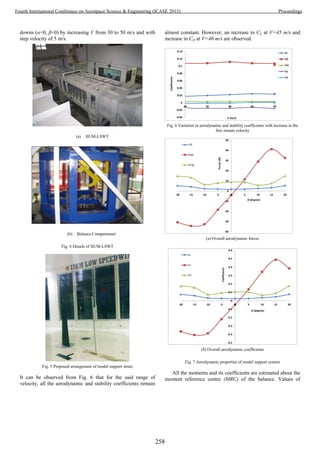 downs (α=0, β=0) by increasing V from 30 to 50 m/s and with
step velocity of 5 m/s.
(a) IIUM-LSWT
(b) Balance Compartment
Fig. 4 Details of IIUM-LSWT
Fig. 5 Proposed arrangement of model support struts
It can be observed from Fig. 6 that for the said range of
velocity, all the aerodynamic and stability coefficients remain
almost constant. However, an increase in CL at V=45 m/s and
increase in CD at V=40 m/s are observed.
-0.04
-0.02
0
0.02
0.04
0.06
0.08
0.1
0.12
0.14
30 35 40 45 50
Coefficients
V (m/s)
CL
CD
Cm
Cy
Cn
Fig. 6 Variation in aerodynamic and stability coefficients with increase in the
free stream velocity
-40
-30
-20
-10
0
10
20
30
40
50
-20 -15 -10 -5 0 5 10 15 20
Forces(N)
 (degree)
Lift
Side
Drag
(a) Overall aerodynamic forces
-0.5
-0.4
-0.3
-0.2
-0.1
0
0.1
0.2
0.3
0.4
0.5
0.6
-20 -15 -10 -5 0 5 10 15 20
Coefficients
 (degree)
CL
Cn
CD
(b) Overall aerodynamic coefficients
Fig. 7 Aerodynamic properties of model support system
All the moments and its coefficients are estimated about the
moment reference centre (MRC) of the balance. Values of
258
Fourth International Conference on Aerospace Science & Engineering (ICASE 2015) Proceedings
 