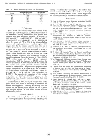 TABLE III. Remnant Polarization and Coercive Field after annealing
System
Remnant Polarization
(Pr/µC/cm2
)
Coercive Field
(kV/cm)
5% 23.30 -14.66
6% 24.93 -17.02
10% 25.63 -20.55
12% 17.35 -17.01
15% 21.29 -21.17
BSPT 33.98 -17.33
V. CONCLUSION
BSPT-PMnN dense ceramic samples were prepared by the
columbite pre-production process. XRD results show that, at
the appropriate sintering temperatures, two systems were
obtained with pure perovskite structure. In systems of
0.05PMnN-BSPT, 0.06PMnN-BSPT, 0.08PMnN-BSPT,
0.1PMnN-BSPT, 0.12PMnN-BSPT and 0.15PMnN-BSPT
when the content of PT is 64% is the tetragonal-phase
existence of morphotropic phase boundary region. SEM
images show that the ceramic sample’s grain sizes are in
uniform distribution at the appropriate sintering temperatures,
the grain size is about 1µm. When the content of PMnN is
low, the PMnN-BSPT system shows the characteristics of
typical relaxor ferroelectrics, with the increase of PMnN
content, gradually transition from ferroelectric relaxor to
normal ferroelectrics. Due to low content of PMnN, PMnN-
BSPT system does not show obvious relaxation
characteristics. With the increase of PMnN content, the
remnant polarization Pr, first increased and then decreased.
The coercive field system gradually increases with the
increase of PMnN content. The piezoelectric properties of the
optimal compositions of 0.1PMnN-BS-PT and 0.05PMnN-
BSPT system in the morphotropic phase boundary region are:
d33=250pC/N, kp =0.54 and the Curie temperature of
Tc=373°C. The piezoelectric properties of the optimal
composition of 0.05PMnN-0.95BSPT system in the
morphotropic phase boundary region are better than other
optimal compositions.
After annealing at 800°C for 2h, the resident strain can be
quited and the order degree of lattice may be higher than that
without annealing process. Annealing process may affect the
domain size and domain switch, domain size will be larger
after annealing process. The value of Qm increase evidently
after annealing process.
ACKNOWLEDGMENT
I would like to thank my father and teachers for their kind
and humble guidance from the very start to the end of the paper
writing. I would not have accomplished this without their
constant support and feedback; they made it a thorough
learning and pleasant experience for me. I admire the guidance
and assistance provided by research associates and fellows.
REFERENCES
[1] Ueha, S., “Ultrasonic motors: theory and applications,” Vol. 29.
1993: Oxford University Press, USA.
[2] Chen, H., “The influence of Pb(Mg1/3Nb2/3)O3 content on the
piezoelectric and dielectric properties of PMNN-PZT system
near the MPB. in Applications of Ferroelectrics,” 2002. ISAF
2002. Proceedings of the 13th IEEE International Symposium
on. 2002. IEEE.
[3] DU, H. l., “Effect of sintering temperature and composition on
microstructure and properties of PMS-PZT ceramics,”
Transactions of Nonferrous Metals Society of China, Vol. 16:
pp.165-169, 2006.
[4] Weis, R. and T. Gaylord, “Lithium niobate: summary of
physical properties and crystal structure,” Applied Physics A,
Vol. 37(4), pp. 191-203, 1985.
[5] Korzunova, L. V., and L. A. Shebanov, “New perovskite-like
high temperature ferroelectrics,” Ferroelectrics, vol. 93.1 pp.
111-115, 1989.
[6] B. Frit and J. P. Mercurio, “The crystal chemistry and dielectric
properties of the Aurivillius family of complex bismuth oxides
with perovskite-like layered structures,” Journal of Alloys and
Compounds, vol. 188, pp. 27-35, 1992.
[7] M. Ghasemifard, “Dielectric, piezoelectric and electrical study
of 0.65PMN-0.20PZT-0.15PT relaxor ceramic,” The European
Physical Journal Applied Physics, Vol. 54, No. 2 , pp. 20701-
20707, 2011.
[8] Laughlin, Brian, Jon Ihlefeld, and Jon‐Paul Maria, “Preparation
of sputtered (Bax, Sr1−x)TiO3 thin films directly on copper,”
Journal of the American Ceramic Society, vol. 88.9.pp 2652-
2654 2005.
[9] Malic, Barbara, “Processing and dielectric characterization of
Ba0.3 Sr0.7 TiO3 thin films on alumina substrates,” Journal of the
European Ceramic Society 27, pp. 2945-2948, 2007.
[10] Tahan, Danielle M., Ahmad Safari, and Lisa C. Klein.,
“Preparation and characterization of BaxSr1‐x, TiO3 thin films
by a Sol‐Gel technique,” Journal of the American Ceramic
Society, vol. 79.6, pp.1593-1598, 1996.
[11] Chen, Jun, “Temperature dependence of piezoelectric properties
of high-TC Bi(Mg1/2Ti1/2)O3-PbTiO3,” Journal of Applied
Physics, vol. 106.3 pp.034109-034109, 2009.
[12] IEEE “Standard on piezoelectricity,” IEEE Standard 176-1978
(IEEE, New York, 1978).
281
Fourth International Conference on Aerospace Science & Engineering (ICASE 2015) Proceedings
 