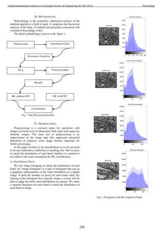 III. METHODOLOGY
Methodology is the systematic, theoretical analysis of the
methods applied to a field of study. It comprises the theoretical
analysis of the body of methods and principles associated with
a branch of knowledge (wiki).
The detail methodology is given in the figure 1.
Fig. 1. Data Processing flowchart
IV. PREPROCESSING
Preprocessing is a common name for operations with
images at lowest level of abstraction both input and output are
intensity images. The main aim of preprocessing is an
improvement of the image data that suppresses unwanted
distortions or enhances some image features important for
further processing.
In this paper we have to do classification so we do not need
to do any radiometric calibration or anything else. But we have
to check the distribution of each band whether it is normal or
not which is the main assumption for ML classification.
A. Distribution Check
We use image histogram to check the distribution of each
band. An "image histogram" is a type of histogram that acts as
a graphical representation of the tonal distribution in a digital
image. It plots the number of pixels for each tonal value. By
looking at the histogram for a specific image a viewer will be
able to judge the entire tonal distribution at a glance. We make
a separate histogram for each band to check the distribution of
each band in image.
Blue Band
0
2000
4000
6000
8000
10000
12000
14000
Blue Band Histogram
0 50 100 150 200 250
Green Band
0
2000
4000
6000
8000
10000
12000
14000
Green Band Histogram
0 100 200
Red Band
0
2000
4000
6000
8000
10000
12000
14000
Red Band Histogram
0 100 200
NIR Band
0
2000
4000
6000
8000
10000
12000
NIR Band Histogram
0 100 200
Fig. 2. Histograms with their respective bands
Preprocessing Distribution Check
Weierstrass Transform
PCA Training Samples
Results
ML without WT ML with WT
Conclusions
290
Fourth International Conference on Aerospace Science & Engineering (ICASE 2015) Proceedings
 