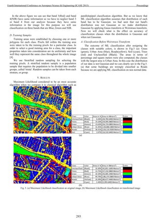 In the above figure we can see that band 3(Red) and band
4(NIR) have same information so we have to neglect band 3
or band 4 from our analysis because they have same
information in the image for this purpose we will use
classification on three bands that are Blue, Green and NIR.
D. Training Samples
Training areas were established by choosing one or more
polygons for each class. Pixels fall within the training area
were taken to be the training pixels for a particular class. In
order to select a good training area for a class, the important
properties taken into consideration are its uniformity and how
well they represent the same class throughout the whole image
[4].
We use Stratified random sampling for selecting the
training pixels. A stratified random sample is a population
sample that requires the population to be divided into smaller
groups, called 'strata'. Random samples can be taken from each
stratum, or group.
V. RESULTS
Maximum Likelihood considered to be an most accurate
algorithm when we compare it to classical algorithm such as
parallelepiped classification algorithm. But as we know that
ML classification algorithm assumes that distribution of each
band has to be Gaussian. we had seen that our band's
distribution was not Gaussian so we make distribution
Gaussian by applying Gauss transform or Weirstrass transform.
Now we will check what is the effect on accuracy of
classification classes when the distribution is Gaussian and
when not Gaussian.
A. Classification Before Weirstrass Transform
The outcome of ML classification after assigning the
classes with suitable colors, is shown in Fig.5 (a): Grass
(green), Urban Area (blue), Roads(yellow), Soil (cyan), Trees
(red) and Unclassified (Black). The areas in terms of
percentage and square meters were also computed; the classes
with the largest area is Urban Area. In this case the distribution
of our data is not Gaussian and we can clearly see in the Fig.5.
(a) that some buildings are wrongly classified as Roads
because we are applying ML classification on non normal data.
Class Color Area in % Area in Meters²) Color
Unclassified: [Black] 6.44% (26,783.6400 Meters²)
Trees [Red] 14.20% (59,095.0800 Meters²)
Grass [Green] 13.63% (56,719.0800 Meters²)
Urban Area [Blue] 31.45% (130,868.2800 Meters²)
Roads [Yellow] 30.31% (126,133.9200 Meters²)
Soil [Cyan] 3.97% (16,532.6400 Meters²)
(a)
Class Color Area in % Area in Meters²) Color
Unclassified: [Black] 10.30% (42,851.1600 Meters²)
Trees [Red] 13.75% (57,232.0800 Meters²)
Grass [Green] 10.34% (43,005.2400 Meters²)
Urban Area [Blue] 44.79% (186,373.0800 Meters²)
Roads [Yellow] 19.39% (80,677.4400 Meters²)
Soil [Cyan] 1.44% (5,993.6400 Meters²)
(b)
Fig. 5. (a) Maximum Likelihood classification an original image, (b) Maximum Likelihood classification on transformed image
293
Fourth International Conference on Aerospace Science & Engineering (ICASE 2015) Proceedings
 