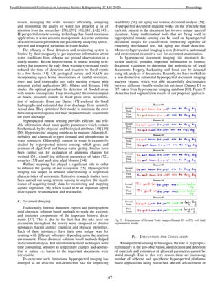 reason, managing the water resource efﬁciently, analyzing
and monitoring the quality of water has attracted a lot of
attention from the researchers [38], [39], [40], [41], [42], [43].
Hyperspectral remote sensing technology has found enormous
applications in water resource management. Accurate estimates
of water resource parameters are possible by analyzing spatial,
spectral and temporal variations in water bodies.
The efﬁcacy of ﬂood detection and monitoring system is
limited by their incapacity to get important information about
water conditions from airborne and ground observatories in a
timely manner. Recent improvements in remote sensing tech-
nology has improved the early ﬂood warning system and vastly
reduced the time of detection and reaction to ﬂood events
to a few hours [44]. US geological survey and NASA are
incorporating space borne observations of rainfall resources,
rivers and land topography into early warning systems with
potential global applications [45]. Glaber and Reinartz [46]
studies the optimal procedure for detection of ﬂooded areas
with remote sensing data. They investigated the erosive impact
of ﬂoods, moisture content in ﬂood plain areas, accumula-
tion of sediments. Roux and Dartus [47] explored the ﬂood
hydrographs and estimated the river discharge from remotely
sensed data. They optimized their model to minimize the error
between system response and their proposed model to estimate
the river discharge.
Hyperspectral remote sensing provides efﬁcient and reli-
able information about water quality parameters which contain
biochemical, hydro-physical and biological attributes [48] [49]
[50]. Hyperspectral imaging enable us to measure chlorophyll,
turbidity and chemical oxygen demand and phosphorous in
water resources. Chlorophyll content in water is extensively
studied by hyperspectral remote sensing, which gives and
estimate of algal level and hence water quality. Studies have
been carried out for evaluation of ammonia changes for
wetland [51], classifying different parameters of lakes [52],
estuaries [53] and analyzing algal blooms [54].
Wetland mapping has played a signiﬁcant role in order
to enhance the quality of our ecosystem [55]. Hyperspectral
imagery has helped in detailed understanding of vegetation
characteristics of ecosystem. Extensive research studies have
been carried out using remote sensing to explore the signif-
icance of acquiring timely data for monitoring and mapping
aquatic vegetation [56], which is said to be an important aspect
in ecosystem reconstruction and restoration.
C. Document Imaging
Traditionally, forensic document experts and paleographers
used chemical solution based methods to study the extrinsic
and intrinsics components of the important historic docu-
ments [57]. This is due to the fact that the inks used on
documents throughout the history were composed of diverse
substances having distinct chemical and physical properties.
Each of these substances have their own unique way for
reacting with different substrates depending upon the reaction
environment. These chemical solution based methods helped
in document analysis. But unfortunately these techniques were
time consuming, sensitive to temperature changes and destruc-
tive in nature i.e. harms to the important documents were
irreversible.
To overcome such limitations, hyperspectral imaging has
emerged as an effective non-destructive tool for improving
readability [58], ink aging and forensic document analysis [59].
Hyperspectral document imaging works on the principle that
each ink present in the document has its own unique spectral
signature. Many mathematical tools that are being used in
hyperspectral remote sensing can be used on hyperspectral
document images for classiﬁcation, improving legibility of
extremely deteriorated text, ink aging and fraud detection.
Moreover hyperspectral imaging is non-destructive, automated
and environment insensitive tool for document examination.
In hyperspectral document imaging, ink mismatch de-
tection analysis provides important information to forensic
document examiners to determine the authenticity of legal
documents. Forgery, backdating and fraud can be detected
using ink analysis of documents. Recently, we have worked on
a non-destructive automated hyperspectral document imaging
analysis system, which was able successfully discriminates
between different visually similar ink mixtures (Dataset D1 to
D7) taken from hyperspectral imaging database [60]. Figure 5
shows the ﬁnal segmentation results of our proposed approach.
Fig. 5. Comparisons of Ground Truth Images (Dataset D1 to D7) with ﬁnal
segmentation results
IV. DISCUSSION AND CONCLUSION
Among remote sensing technologies, the role of hyperspec-
tral imagery in the geo-observation, identiﬁcation and detection
of materials and estimation of physical parameters cannot be
stated enough. Due to this very reason there are increasing
number of airborne and spaceborne hyperspectral platforms
based applications being researched. Recent advancement in
47
Fourth International Conference on Aerospace Science & Engineering (ICASE 2015) Proceedings
 