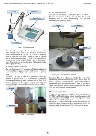 Figure 3.1(b): Digital PH Meter
Procedure: Before using the Ph meter, the electrode is washed
with distilled water. Then the PH meter is calibrated with
Buffer solution of PH 4, 7 or 10. The UF resin or Melamine
resin or Malachite added resin,s sample is taken in a beaker
and set it on room temperature, i.e. 25 Cº. The glass electrode
is then dipped to resin sample. The PH value on the display is
allowed to stabilize. After stabilizing the final reading is taken
from display indicator.
B. Specific Gravity Calculation
The specific gravity of UF, Melamine or Malachite added resin
is measured by an apparatus called Hydrometer. Hydrometer
consists of a graduated tube and a bulb at its end as shown in
fig.3.2.
Procedure: The resin is taken in a graduated cylinder and
adjusted its temperature to 25 Cº. A hydrometer is inserted in
the graduated cylinder in such a manner that the bulb of the
meter is dipped down. The mercury is raised in the meter and
after stabilizing it on graduated cylinder, the reading is taken.
Figure 3.2: Hydro Meter
C. Gel Time Calculation
The gel time of the resin is the time period in which it
becomes too viscous to flow. The gel time has a very
important role in MDF manufacturing. The gel time
measurement is illustrated below.
Figure 3.3: Gel Time Measurement Apparatus
Procedure: Take 50 ml UF resin in a beaker. Now add 1.4 ml
of hardener (Ammonium Chloride) (NH4Cl) to UF resin and
mix it. Now take a sample of mix UF resin in a graduated
cylinder and put it in water bath at 100 ⁰ C) and on stop watch.
Stirrer the resin till it becomes solid and stops the stop watch.
Now note down the time from stop watch.
D. Viscocity Calculation
Viscosity is the resistance of a liquid to flow. The viscosity of
UF, MUF or Malachite added resin is generally measure with
viscosity cup as shown in fig.5. The viscosity cup has an orifice
of 3mm (ISO standard) at the bottom.
Procedure: A known volume of UF resin is passed through this
orifice and note down the time flow through stop watch. The
viscosity of UF resin is between 200 – 300 cps (centi poise).
Electrode Flexible Arms
Display Screen
Beaker
Graduatede
Cylinder
Hydrometer
Grip HolderStirrer
Beaker
Hot Plate
59
Fourth International Conference on Aerospace Science & Engineering (ICASE 2015) Proceedings
 