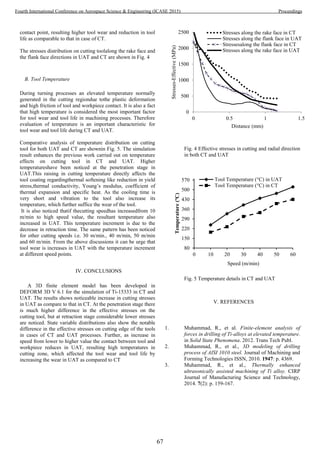 contact point, resulting higher tool wear and reduction in tool
life as comparable to that in case of CT.
The stresses distribution on cutting toolalong the rake face and
the flank face directions in UAT and CT are shown in Fig. 4
B. Tool Temperature
During turning processes an elevated temperature normally
generated in the cutting regiondue tothe plastic deformation
and high friction of tool and workpiece contact. It is also a fact
that high temperature is considered the most important factor
for tool wear and tool life in machining processes. Therefore
evaluation of temperature is an important characteristic for
tool wear and tool life during CT and UAT.
Comparative analysis of temperature distribution on cutting
tool for both UAT and CT are shownin Fig. 5. The simulation
result enhances the previous work carried out on temperature
effects on cutting tool in CT and UAT. Higher
temperatureshave been noticed at the penetration stage in
UAT.This raising in cutting temperature directly affects the
tool coating regardingthermal softening like reduction in yield
stress,thermal conductivity, Young’s modulus, coefficient of
thermal expansion and specific heat. As the cooling time is
very short and vibration to the tool also increase its
temperature, which further suffice the wear of the tool.
It is also noticed thatif thecutting speedhas increasedfrom 10
m/min to high speed value, the resultant temperature also
increased in UAT. This temperature increment is due to the
decrease in retraction time. The same pattern has been noticed
for other cutting speeds i.e. 30 m/min., 40 m/min, 50 m/min
and 60 m/min. From the above discussions it can be urge that
tool wear is increases in UAT with the temperature increment
at different speed points.
IV. CONCLUSIONS
A 3D finite element model has been developed in
DEFORM 3D V 6.1 for the simulation of Ti-15333 in CT and
UAT. The results shows noticeable increase in cutting stresses
in UAT as compare to that in CT. At the penetration stage there
is much higher difference in the effective stresses on the
cutting tool, but at retraction stage considerable lower stresses
are noticed. State variable distributions also show the notable
difference in the effective stresses on cutting edge of the tools
in cases of CT and UAT processes. Further, as increase in
speed from lower to higher value the contact between tool and
workpiece reduces in UAT, resulting high temperatures in
cutting zone, which affected the tool wear and tool life by
increasing the wear in UAT as compared to CT
Fig. 4 Effective stresses in cutting and radial direction
in both CT and UAT
Fig. 5 Temperature details in CT and UAT
V. REFERENCES
1. Muhammad, R., et al. Finite-element analysis of
forces in drilling of Ti-alloys at elevated temperature.
in Solid State Phenomena. 2012. Trans Tech Publ.
2. Muhammad, R., et al., 3D modeling of drilling
process of AISI 1010 steel. Journal of Machining and
Forming Technologies ISSN, 2010. 1947: p. 4369.
3. Muhammad, R., et al., Thermally enhanced
ultrasonically assisted machining of Ti alloy. CIRP
Journal of Manufacturing Science and Technology,
2014. 7(2): p. 159-167.
0
500
1000
1500
2000
2500
0 0.5 1 1.5
Stresses-Effective(MPa)
Distance (mm)
Stresses along the rake face in CT
Stresses along the flank face in UAT
Stressesalong the flank face in CT
Stresses along the rake face in UAT
80
150
220
290
360
430
500
570
0 10 20 30 40 50 60
Temperature(ºC)
Speed (m/min)
Tool Temperature (°C) in UAT
Tool Temperature (°C) in CT
67
Fourth International Conference on Aerospace Science & Engineering (ICASE 2015) Proceedings
 