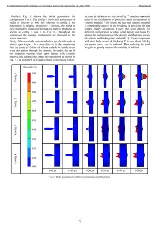Similarly Fig. 6. shows the bullet penetration for
configuration 1 to 4. The config 1 shows full penetration of
bullet at velocity of 800 m/s whereas in config 2 the
penetration is stopped moderately. However, the bullet is
fully stopped by increasing the backing material thickness as
shown in config 3 and 4 in Fig. 6. Throughout the
simulations the damage mechanisms are observed in the
armor materials.
Firstly, Silicon carbide material which is very brittle tends to
shatter upon impact. It is also observed in the simulations
that the cause of failure of silicon carbide is tensile stress
wave that passes through the ceramic. Secondly, the tip of
the projectile become blunt upon impact with ceramic
material and adopted the shape like mushroom as shown in
Fig. 7. The distortion in projectile shape is increasing with in
increase in thickness as clear form Fig. 7. Another important
point is the deceleration of projectile upon advancement in
ceramic material. This reveals the fact that ceramic material
is contributing mainly in the breaking of projectile tip and
kinetic energy absorption. Finally the areal density for
different configuration is listed. Areal density can found by
adding the multiplication of the density and thickness values
of ceramic and backing steel material [1]. Upon comparison
with steel body armor of thickness 25.4 mm, about 100 kg
per square meter can be reduced. Thus reducing the total
weight can greatly improve the mobility of soldiers.
Config1Config2Config3Config4
t=0 µs t=10 µs t=20 µs t=30 µs t=40 µs t=50 µs
Fig. 6. Bullet penetration for different configurations at different time
77
Fourth International Conference on Aerospace Science & Engineering (ICASE 2015) Proceedings
 