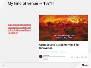 5
My kind of venue -- 1871 !
https://www.linkedin.co
m/pulse/open-source-li
ghter-fluid-innovation-e
-g-nadhan
 