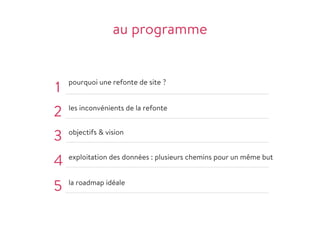au programme
pourquoi une refonte de site ?
1
2 les inconvénients de la refonte

objectifs & vision

3


exploitation des données : plusieurs chemins pour un même but

4


la roadmap idéale
5


 