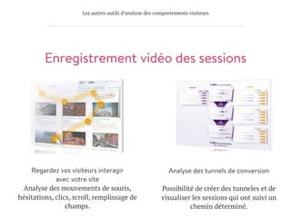 Les autres outils d’analyse des comportements visiteurs
Enregistrement vidéo des sessions
Regardez vos visiteurs interagir
avec votre site 
Analyse des mouvements de souris,
hésitations, clics, scroll, remplissage de
champs.
Analyse des tunnels de conversion
Possibilité de créer des tunneles et de
visualiser les sessions qui ont suivi un
chemin déterminé.
 