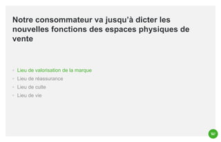 Notre consommateur va jusqu’à dicter les
nouvelles fonctions des espaces physiques de
vente

◦ Lieu de valorisation de la marque
◦ Lieu de réassurance
◦ Lieu de culte
◦ Lieu de vie

 