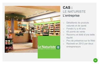 CAS :
LE NATURISTE
L’entreprise
o
o
o
o
o
o

Détaillants de produits
naturels et de santé
Fondé il y a 45 ans
65 points de vente
Reconnu et doté d’une belle
équité
Peu de présence sur le Web
Racheté en 2012 par deux
entrepreneurs

 