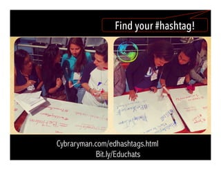 Find your #hashtag!
Cybraryman.com/edhashtags.html
Bit.ly/Educhats
 