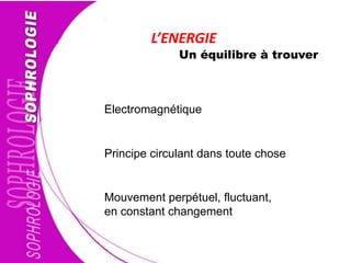 L’ENERGIE
Electromagnétique
Mouvement perpétuel, fluctuant,
en constant changement
Principe circulant dans toute chose
Un équilibre à trouver
 