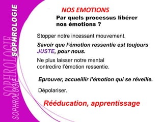 NOS EMOTIONS
Dépolariser.
Eprouver, accueillir l’émotion qui se réveille.
Rééducation, apprentissage
Stopper notre incessant mouvement.
Savoir que l’émotion ressentie est toujours
JUSTE, pour nous.
Par quels processus libérer
nos émotions ?
Ne plus laisser notre mental
contredire l’émotion ressentie.
 