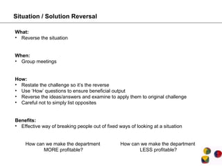 Situation / Solution Reversal

What:
• Reverse the situation


When:
• Group meetings


How:
• Restate the challenge so it’s the reverse
• Use ‘How’ questions to ensure beneficial output
• Reverse the ideas/answers and examine to apply them to original challenge
• Careful not to simply list opposites


Benefits:
• Effective way of breaking people out of fixed ways of looking at a situation


    How can we make the department               How can we make the department
           MORE profitable?                             LESS profitable?
 