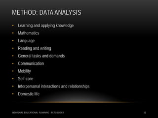 METHOD: DATA ANALYSIS
• Learning and applying knowledge
• Mathematics
• Language
• Reading and writing
• General tasks and demands
• Communication
• Mobility
• Self-care
• Interpersonal interactions and relationships
• Domestic life



INDIVIDUAL EDUCATIONAL PLANNING - RETO LUDER     15
 