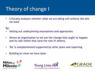 Theory of change I
• Critically analyses whether what we are doing will achieve the aim
we want
By:
• Setting out underpinning assumptions and approaches
• Allows an organisation to set out the change that ought to happen
and its role within that (and the role of others)
• ToC is complemented/supported by other plans and reporting
• Building on what we have done
 