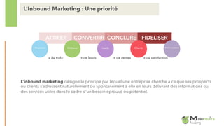 L’inbound marketing désigne le principe par lequel une entreprise cherche à ce que ses prospects
ou clients s’adressent naturellement ou spontanément à elle en leurs délivrant des informations ou
des services utiles dans le cadre d’un besoin éprouvé ou potentiel.
L’Inbound Marketing : Une priorité
ATTIRER CONVERTIR CONCLURE FIDELISER
Inconnus Visiteurs Leads Clients Ambassadeurs
+ de trafic + de leads + de ventes + de satisfaction
 