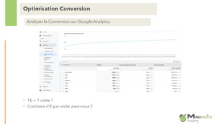 Optimisation Conversion
Analyser la Conversion sur Google Analytics
• 1€ = 1 visite ?
• Combien d’€ par visite avez-vous ?
 