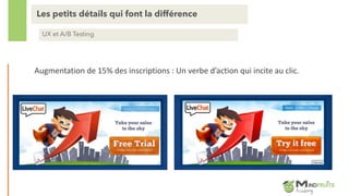 Augmentation de 15% des inscriptions : Un verbe d’action qui incite au clic.
Les petits détails qui font la différence
UX et A/B Testing
 