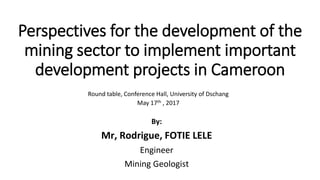 Perspectives for the development of the
mining sector to implement important
development projects in Cameroon
Round table, Conference Hall, University of Dschang
May 17th , 2017
By:
Mr, Rodrigue, FOTIE LELE
Engineer
Mining Geologist
 