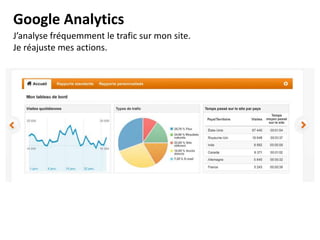 Google Analytics
J’analyse fréquemment le trafic sur mon site.
Je réajuste mes actions.

 