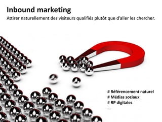 Inbound marketing
Attirer naturellement des visiteurs qualifiés plutôt que d’aller les chercher.
# Référencement naturel
# Médias sociaux
# RP digitales
…
 