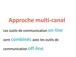 Approche multi-canal
Les outils de communication on-line
sont combinés avec les outils de
communication off-line.
 