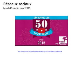 Réseaux sociaux
Les chiffres clés pour 2015.
https://www.youtube.com/watch?v=P8WocgHQqNo&x-yt-ts=1421914688&x-yt-cl=84503534
 