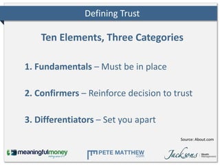 Defining Trust

    Ten Elements, Three Categories

1. Fundamentals – Must be in place

2. Confirmers – Reinforce decision...