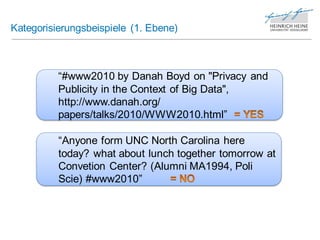 Kategorisierungsbeispiele (1. Ebene)



          “#www2010 by Danah Boyd on "Privacy and
          Publicity in the Context of Big Data",
          http://www.danah.org/
          papers/talks/2010/WWW2010.html”

          “Anyone form UNC North Carolina here
          today? what about lunch together tomorrow at
          Convetion Center? (Alumni MA1994, Poli
          Scie) #www2010”
 