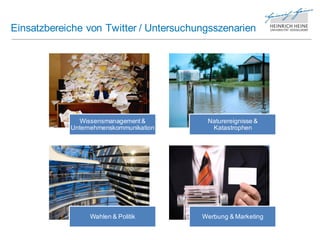 Einsatzbereiche von Twitter / Untersuchungsszenarien




              Wissensmanagement &        Naturereignisse &
            Unternehmenskommunikation     Katastrophen




                 Wahlen & Politik       Werbung & Marketing
 