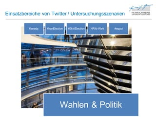 Einsatzbereiche von Twitter / Untersuchungsszenarien

          Kanada   #iranElection   #EkitiElection   NRW-Wahl   #egypt




                             Wahlen & Politik
 