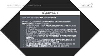 EXEMPLE DE MÉTHODES AGILES : LEAN DEVELOPMENT
CELA PEUT SEMBLER SIMPLE OU ÉVIDENT
!
EN FAIT CELA DEMANDE UN PROFOND CHANGEMENT DE
MENTALITÉ ET DE MANAGEMENT :
- ON SE FOCALISE SUR LA PRODUCTION DE VALEUR POUR LES
UTILISATEURS
- LE CHEF DE PROJET GESTIONNAIRE DEVIENT UN FACILITATEUR
- LE PROCESSUS ÉVOLUE CONTINUELLEMENT (IL NE S’AFFINE PAS,
IL ÉVOLUE EN FONCTION DES DEMANDES)
- L’ÉQUIPE EST AU COEUR DU PROCESSUS D’AMÉLIORATION
CONTINU
- ILS CHERCHENT À AMÉLIORER LEUR ENVIRONNEMENT DE
TRAVAIL POUR PRODUIRE PLUS DE VALEUR
- LES OPTIMISATIONS LOCALES SONT MONNAIE-COURANTE
- FINANCER LES MOYENS PLUTÔT QUE LES OBJECTIFS
RÉVOLUTION ?
 